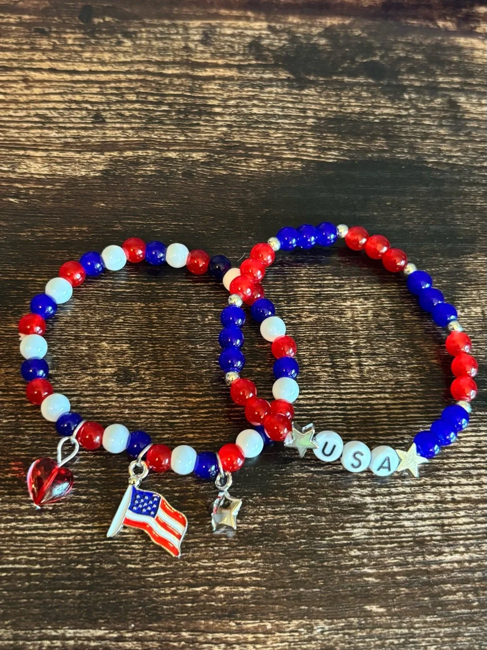 USA Red, White & Blue Charm Beaded Bracelets - Patriotic 2 pc Set in Silver Tone